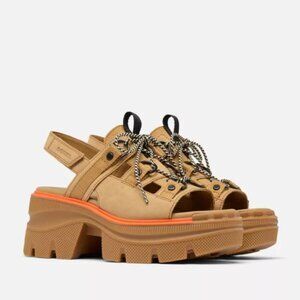 NWT SOREL REIN CB Women's Lace Platform Sandal - Caribou Buff, Black
